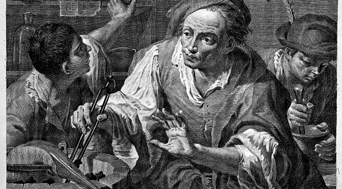 L0004342 An alchemist holding tongs at his furnace. Etching by J. Wag
