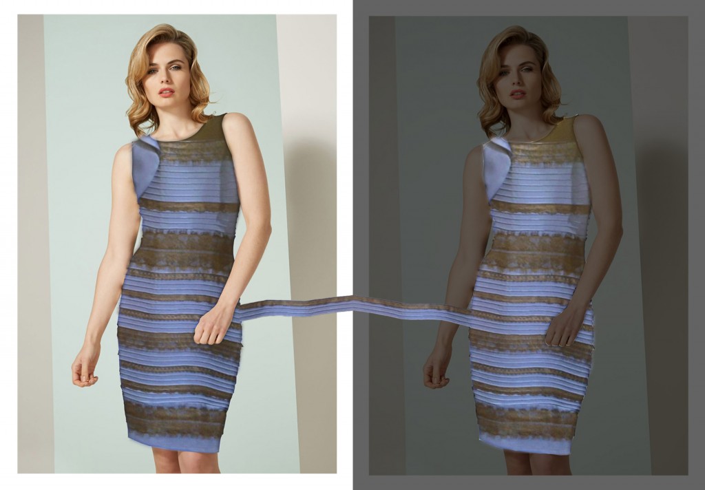 Figure 2: “Photoshopped” combination of the Tumblr photo and the Publicity photo. Left: The model of the publicity photo (unadjusted in colour) has been given a cut-out of the dress from the Tumblr photo (also colour-unadjusted). Most people (I think) will see the dress as blue-and-black (but more pale than in Fig. 1, given that there isn’t the extreme yellow of the flesh tones in that image). Right: Here the model (and background) have been darkened, and the dress ‘lights up’, looking to most people white and gold. This is the kind of context that the white-and-gold seers of the original Tumblr Dress treat it as having: they see (e.g.) as if it were in a darkened store, with bright light, contrasting, outside and behind. No wonder it looks white and gold in that context. The dress itself is the same (as pixels on the screen) in both images: as the strip connecting them shows.